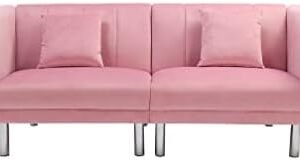 Modern Velvet Fabric Sofa Bed Futon with 2 Pillows，Couch with 3 Adjustable Angles，Convertible Small Loveseat Folding Sleeper Sofa Bed for Compact Living Spaces，Bedroom，Apartment，Office Dorms (Pink)