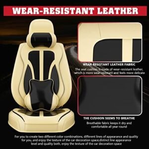 ASLONG 5PCS H7 Front and Back Car Seat Covers Auto Interior Accessories with Water Proof Nappa Leather for Cars SUV Pick-up Truck Universal Comfortable and Breathable (Full Set, Black&Beige)