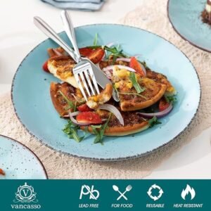 vancasso Navia Ceramic Dinnerware Set, 16 pieces Set of 4 Stoneware Spray Spot Patterned Service Dish with Dinner Plates, Salad Plates, Bowls, Mugs - Light Blue