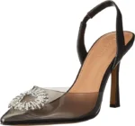 Staples by The Drop Heel measures approximately 3.7" inches Smooth Faux Leather Transparent Pointed Toe Padded Footbed Rhinestone Embelishment