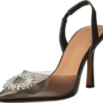 Staples by The Drop Heel measures approximately 3.7" inches Smooth Faux Leather Transparent Pointed Toe Padded Footbed Rhinestone Embelishment
