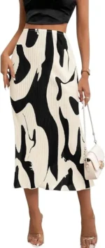 Pretty Garden Womens Floral Casual Stretchy High Waisted Knee Length Pleated A Line Plisse Flared Hem Midi Skirt