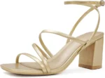 LACUONE Strappy Heels for women Block Heels Square Toe Chunky Ankle Buckle Pump Heeled Sandals (9,A-Gold)