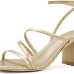 LACUONE Strappy Heels for women Block Heels Square Toe Chunky Ankle Buckle Pump Heeled Sandals (9,A-Gold)
