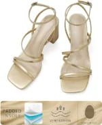 LACUONE Strappy Heels for women Block Heels Square Toe Chunky Ankle Buckle Pump Heeled Sandals (9,A-Gold) - Image 3