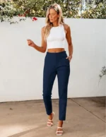 GRAPENT Cropped Pants for Women Dressy Casual High Waisted Pleated Pants Lightweight Stretch Slim Ankle Trousers Pants - Image 3