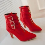 MEOTINA Buckle Ankle Boots for Women Pointed Toe High Heels Booties with Zipper Kitten Heel Shoes