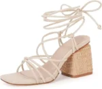 PiePieBuy Women's Lace Up Chunky Braided Heel Sandals Square Toe Strappy Ankle Strap Heels