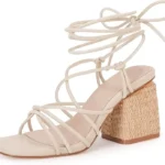 PiePieBuy Women's Lace Up Chunky Braided Heel Sandals Square Toe Strappy Ankle Strap Heels