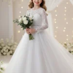 A-Line Illusion Heart Long Sleeve Tulle Floor Length Flower Girl Dresses 1060678890781