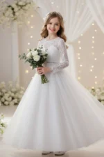 A-Line Illusion Heart Long Sleeve Tulle Floor Length Flower Girl Dresses 1060678890781