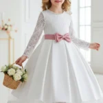 A-Line Pearl Neck Long Sleeve Satin Ankle Length Flower Girl Dresses 1049638009353