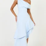 Alani Maxi Dress - Off Shoulder Asymmetric Flounce Dress in Light Blue