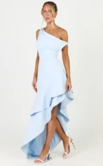 Alani Maxi Dress - Off Shoulder Asymmetric Flounce Dress in Light Blue - Image 2