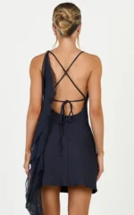 Alani Mini Dress - Open Cowl Back Flounce Detail Dress in Navy - Image 2