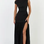 Azure Maxi Dress - Tipped Shoulder Dress With Tuck Detail and Leg Split in Black