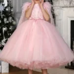 Ball Gown Feather Glitter Tulle Cape Tea Length Flower Girl Dresses 896082942099