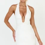 Baya Mini Dress - Gathered Plunge Neckline Halter Dress in White