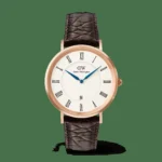 Classic Roman Numerals Date Dark Brown Croc Belly Rose Gold
