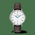 Classic Roman Numerals Date Dark Brown Croc Belly Silver