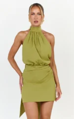 Dune Mini Dress - Backless High Neck Halter Dress in Olive - Image 2