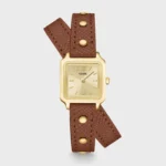 Gracieuse Mini Watch Double Leather Nutshell, Studs, Gold Colour
