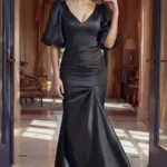 Jovani 43818 - Puff Sleeve Satin Mermaid Formal Gown