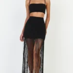 Kara Two Piece Top and Skirt Set - Micro Top And Fringed Mini Skirt Set in Black