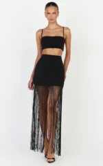 Kara Two Piece Top and Skirt Set - Micro Top And Fringed Mini Skirt Set in Black