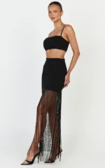 Kara Two Piece Top and Skirt Set - Micro Top And Fringed Mini Skirt Set in Black - Image 2