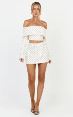 Lana Mini Skirt - Structured Tailored Skirt in Cream/Black Polka Dot