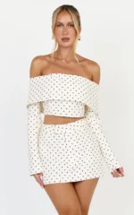 Lana Mini Skirt - Structured Tailored Skirt in Cream/Black Polka Dot - Image 2