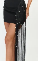 Liana Mini Dress - Boat Neckline Pearl Fringe Dress in Black - Image 2