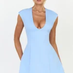 Lilo Mini Dress - V Neck Cap Sleeve Tulip Shape Dress in Cornflower Blue