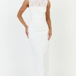 Luna Maxi Dress - Lace High Neck Sleeveless Dress in White