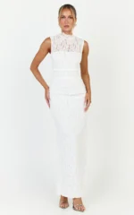 Luna Maxi Dress - Lace High Neck Sleeveless Dress in White