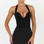 Malia Bodysuit - Lace Corset Halter Bodysuit in Black