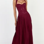 Malia Maxi Dress - Lace Corset Bodice Contrast Pleated Skirt Halter Dress in Wine