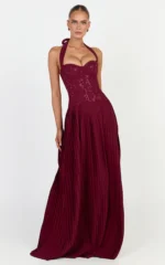 Malia Maxi Dress - Lace Corset Bodice Contrast Pleated Skirt Halter Dress in Wine