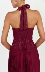 Malia Maxi Dress - Lace Corset Bodice Contrast Pleated Skirt Halter Dress in Wine - Image 2