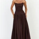 Marlowe Maxi Dress - Strapless Gathered Bodice Fit And Flare Dress in Chocolate