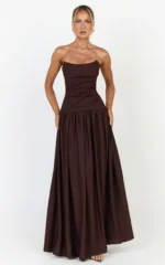 Marlowe Maxi Dress - Strapless Gathered Bodice Fit And Flare Dress in Chocolate