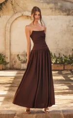 Marlowe Maxi Dress - Strapless Gathered Bodice Fit And Flare Dress in Chocolate - Image 2