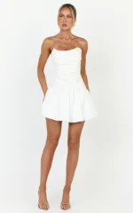 Marlowe Mini Dress - Strapless Gathered Bodice Fit And Flare Dress in White
