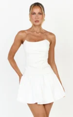 Marlowe Mini Dress - Strapless Gathered Bodice Fit And Flare Dress in White - Image 2