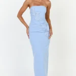 Moana Maxi Dress - Strapless Floral Embellished Structured Column Dress in Soft Blue