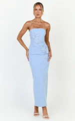 Moana Maxi Dress - Strapless Floral Embellished Structured Column Dress in Soft Blue