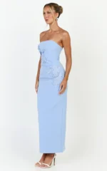 Moana Maxi Dress - Strapless Floral Embellished Structured Column Dress in Soft Blue - Image 2