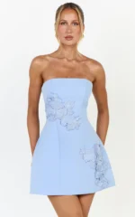 Moana Mini Dress - Strapless Floral Embellished Structured Dress in Soft Blue - Image 2