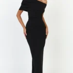 Ottilie Maxi Dress - Pin Tucked One Shoulder Fitted Dress in Black